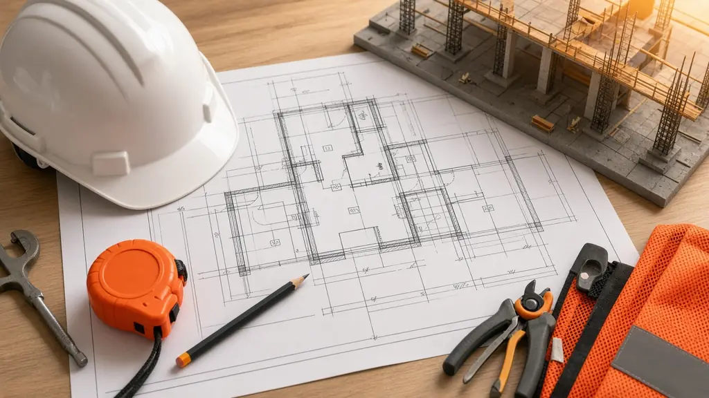 Imagen ilustrativa: supervisión de obra con planos, casco y flexómetro sobre una mesa