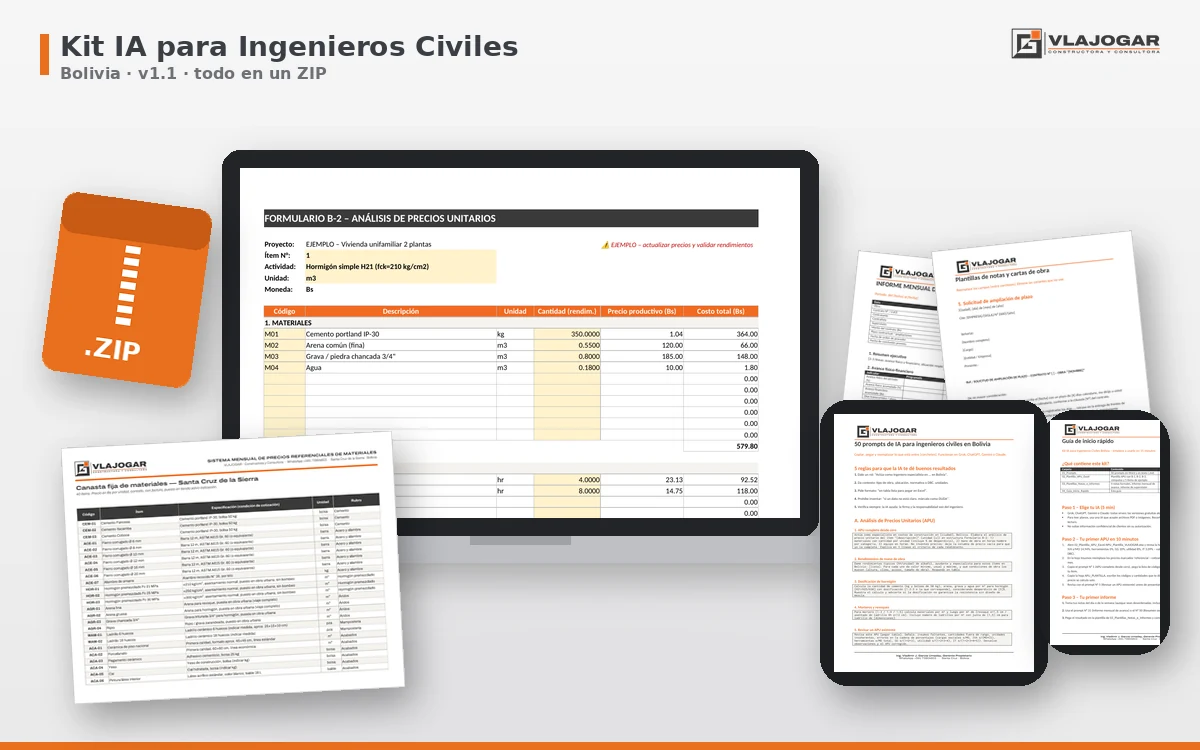 Kit IA para Ingenieros Civiles de Bolivia: ZIP con plantilla APU en Excel, 50 prompts en PDF, plantillas Word y lista de precios de materiales