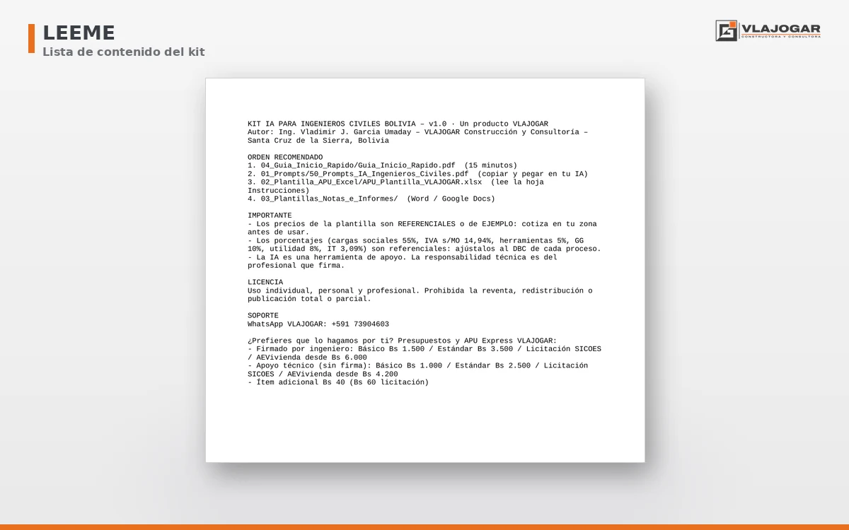 Archivo LEEME con la lista de contenido del Kit IA para Ingenieros Civiles