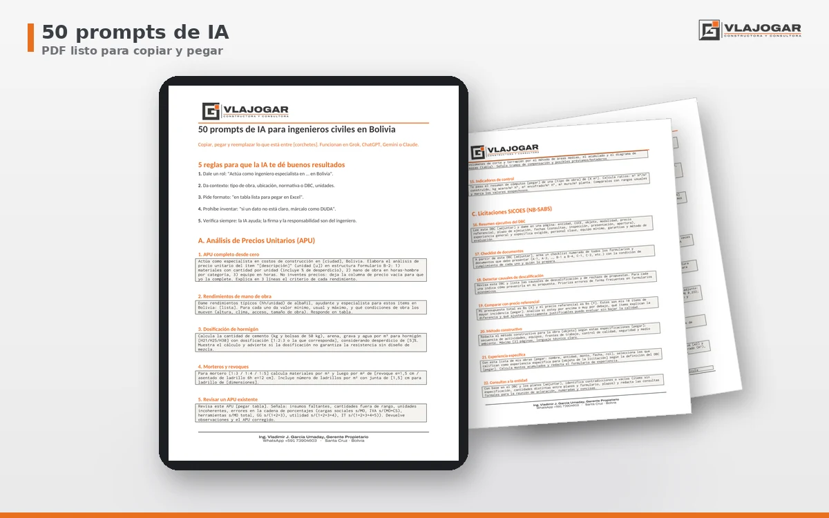 Tablet mostrando el PDF de 50 prompts de IA para ingenieros civiles en Bolivia
