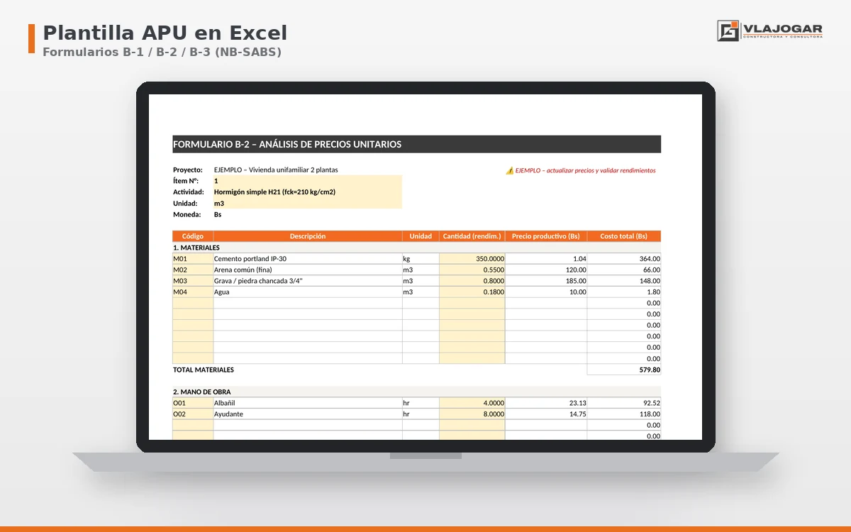 Laptop con la plantilla Excel de análisis de precios unitarios, Formulario B-2 NB-SABS