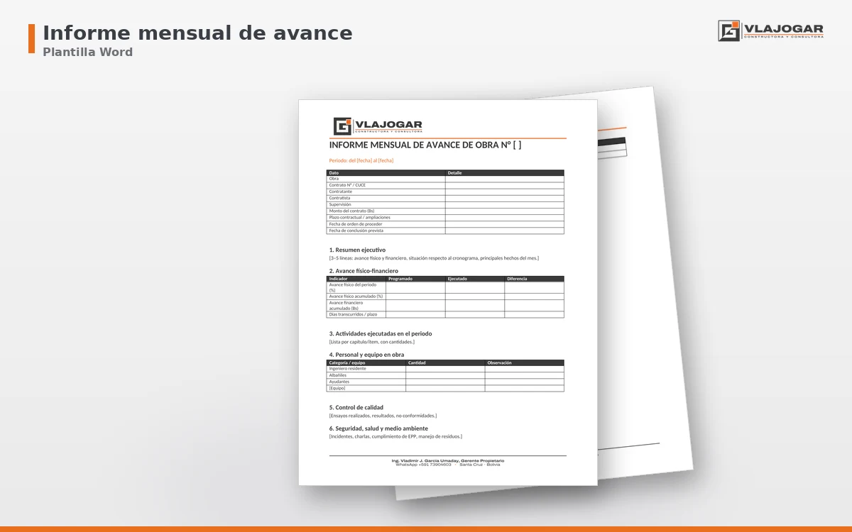 Plantilla Word de informe mensual de avance de obra