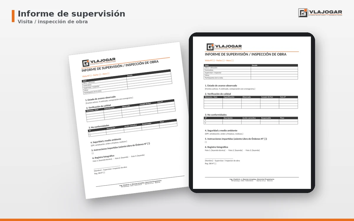 Plantilla de informe de supervisión e inspección de obra en papel y tablet