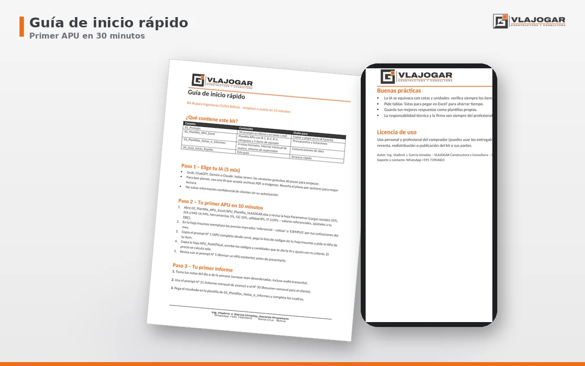 Guía de inicio rápido del kit en papel y celular: primer APU en 30 minutos
